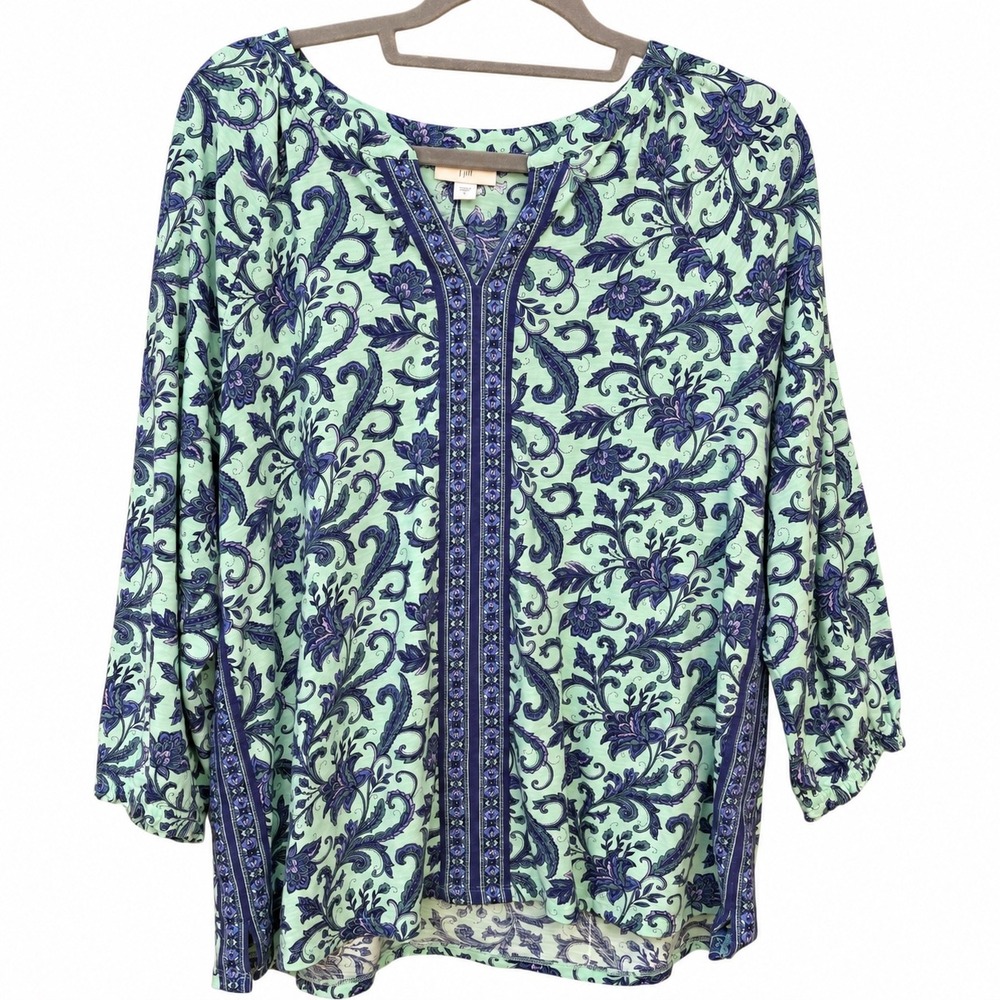 J. Jill Womens Large Tunic Top Green Blue Paisley Peasant Relaxed Fit Casual